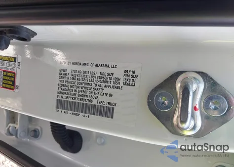 2019 Honda Ridgeline Rtl-E from USA, damaged, VIN 5FPYK3F71KB017906